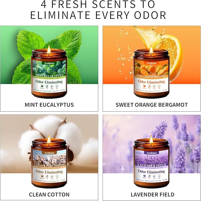 4 Pack Odor Eliminating Candles Set - Eliminates 95% of Pet, Smoke, Food & Other Smells - Hand Poured Non-Toxic Soy Candle, Air Freshing Scent of Lavender/Orange/Mint/Cotton - Gifts Set for Women