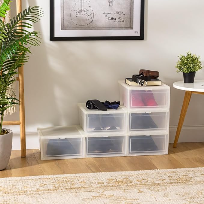 IRIS USA Stackable Shoe Storage Box with Latch Drop Front Door, 6-Pack, for Scarf Game Organizer Container with Ventilation Holes for Closet Under Bed Entryway Storage, Strudy, Wide, Clear