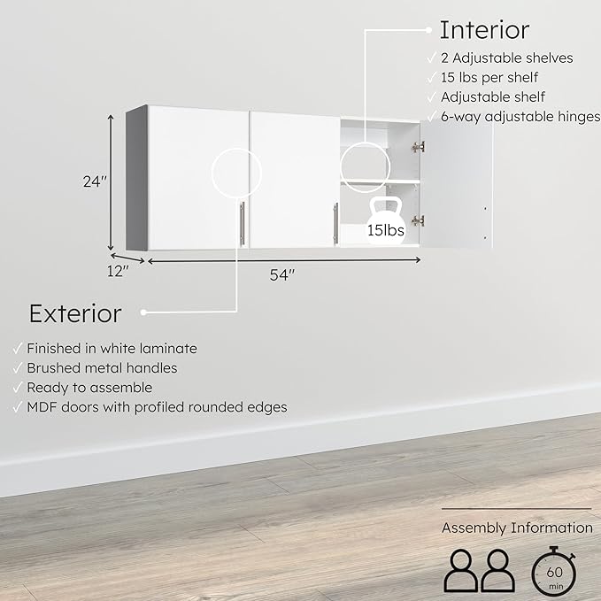 Prepac Elite 54" Wall Cabinet, White Storage Cabinet with 2 Adjustable Shelves, Storage for Pantry, Kitchen and Bathroom 12" D x 54" W x 24" H