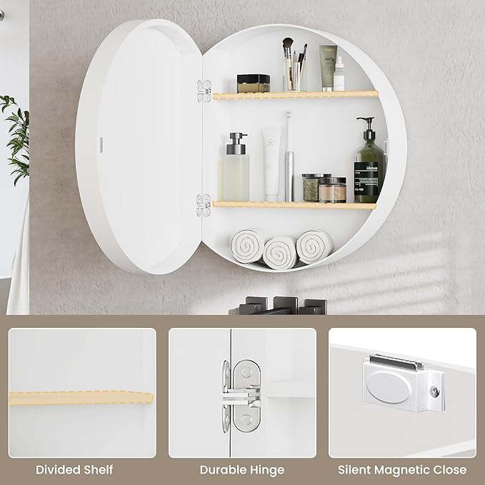 SUNWAVE 20 Inch Round Black Medicine Cabinet with Mirror, Modern Wall Mounted Vanity Cabinet for Bathroom, Circle Bathroom Mirror with Storage, Space-Saving Wood Cabinet (White, 20 Inch)