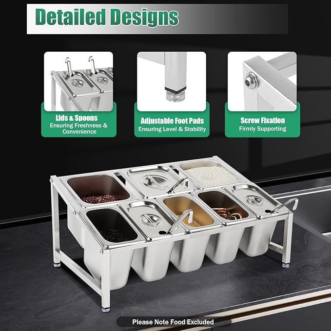 Expandable Spice Rack, Countertop Condiment Stand Holder with Pans and Lids,Stainless Steel Organizer Shelf for Seasonings Sauces Side Dishes Fruits Kitchen Pantry (5*1/9 Pans + 3*1/6 Pans)