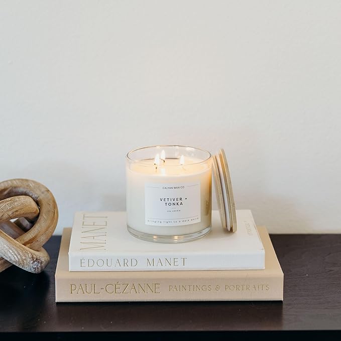 Calyan Wax Co. Vetiver & Tonka 3 Wick Scented Candle - 43 Hour Burn - Luxury 3 Wick Soy Candles - Non Toxic Soy Wax Candles - Long Lasting Large Glass Jar Candle for Home - 14.9oz