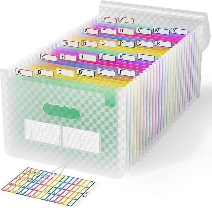 ABC life 26-Pocket Accordion File Organizer, Expandable Monthly Bill & Receipt Holder with Colored A-Z Tabs, Portable Folder Organizer for Home Office School, Fits Letter/A4 Size - Green