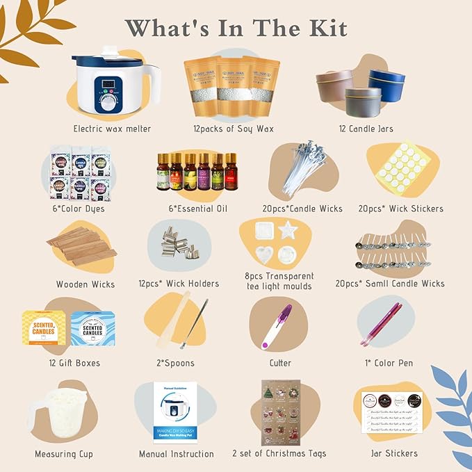 DIY Candle Making Kit for Adults with Smart Wax Melting Pot, Soy Wax, 12 Jars, 8 Tealight Candle Molds, Wax Making Kit for Candles with Digital Wax Melting Pot