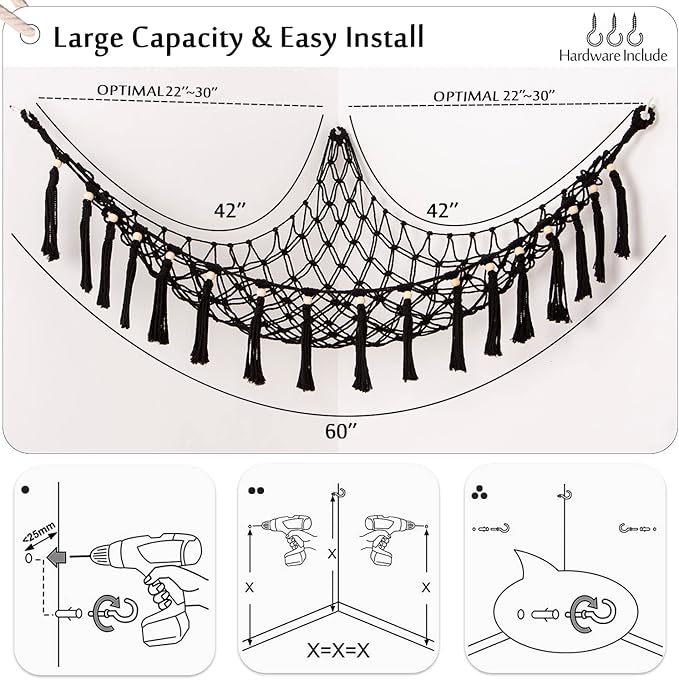 YKBU Stuffed Animal Toy Hammock Hanging- Macrame Toy Hammock with Tassels-Stuff Animals Organizer Storage Boho Large Corner Plush Toys Net Holder for Nursery, Play Room, Kids Bedroom (Black)