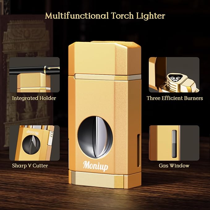 Triple Jet Torch Lighter with One-Touch Cutter, Holder, Draw Enhancer Tool, Gifts for Men, Butane Refillable Lighter, Multifunctional All-in-one Lighter with Accessories, for Outdoor Travel, Candles