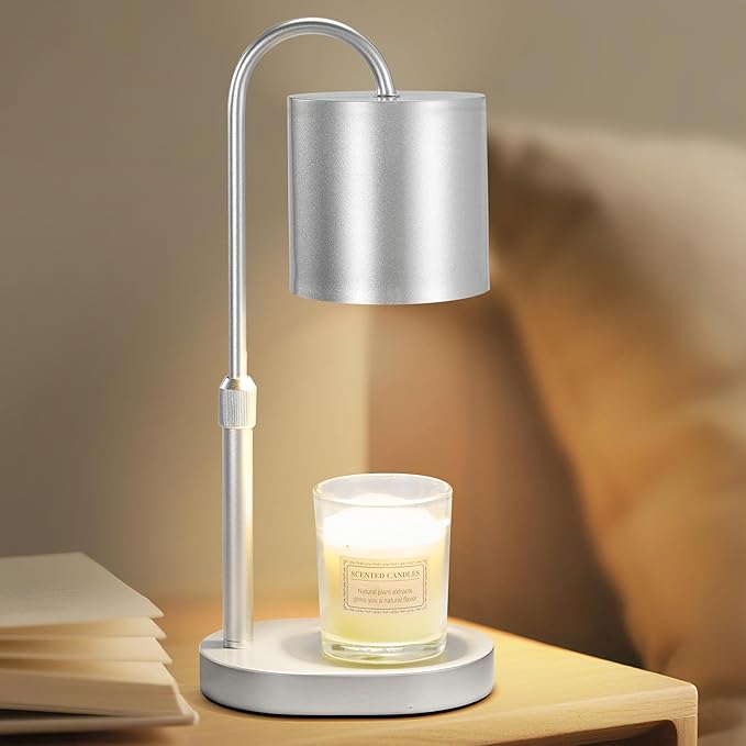 Dreamholder Electric Candle Warmer Lamp with Timer & Dimmer, Adjustable Height Wax Melt Warmer for Jar Candles, Wood Base Candle Melter, Floral Home Decor Gifts for Women, Mom, Silver