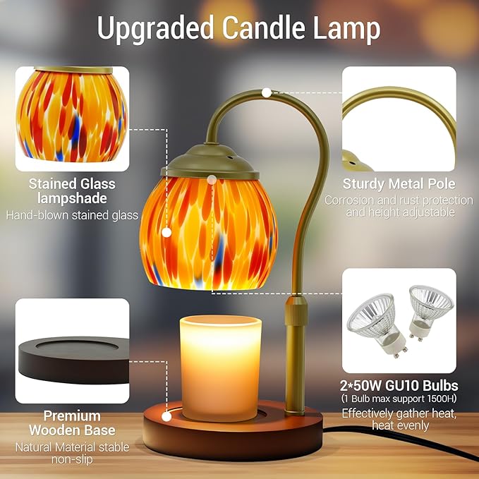 Stained Glass Candle Warmer Lamp with Timer Dimmer, Height Adjustable Candle Warmer with 2 Bulbs, Wax Melt Warmer for Scented Jar Candle, Valentine's for Women,Mom,Her