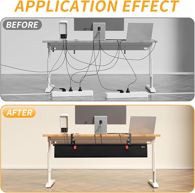 Under Desk Cable Management Tray with Clamp, No Drill 48" Cord Organizer for Desk, Desk Cable Management Fabric Tray for Standing Desks, Ideal for Home & Office - Black