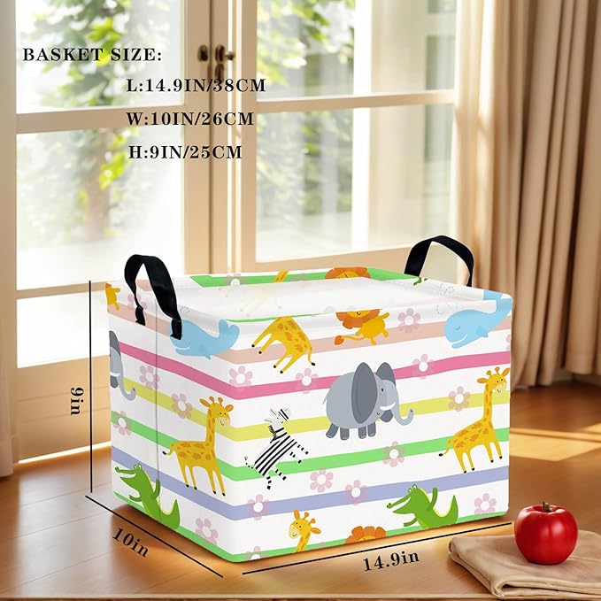Cute Rectangle Woodland Animal Baby Girl Basket Nursery Playroom Bedroom Decor Clothes Toy Storage Basket Linen Canvas Colorful Animals