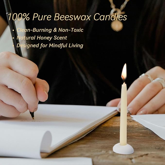 20 Minute 100% Pure Beeswax Candles, Mini Mindful Meditation Taper Candles, Smokeless & Dripless with Holder for Yoga, Prayer, Relaxation (White,24 Pack)
