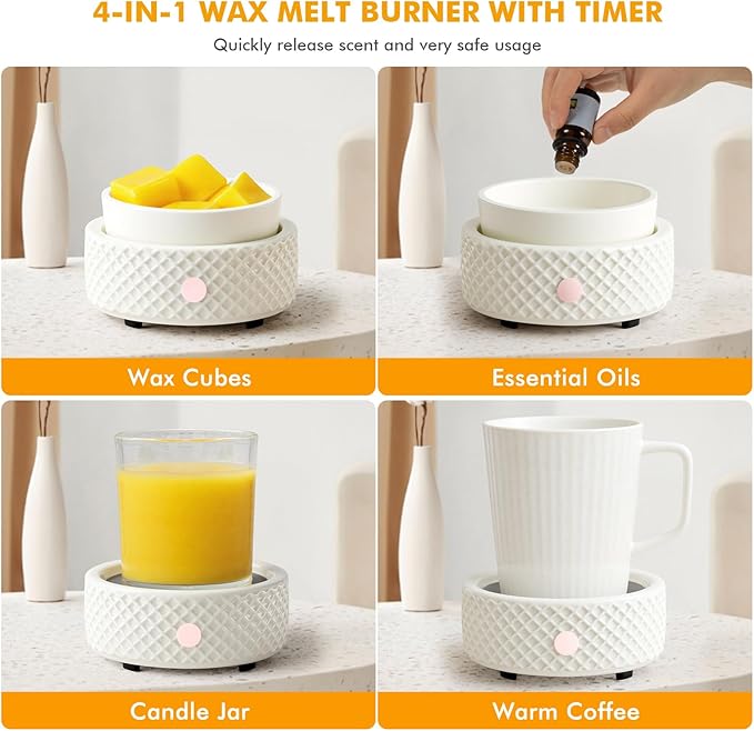 Wax Melt Burner Warmer with Timer Ceramic 4-in-1 Electric Candle Warmer Auto Shut-Off for Scented Wax Melts, Candle Jars, Essential Oil, Coffee Cup Warmer Home Decor Fragrance Gifts for Women - White