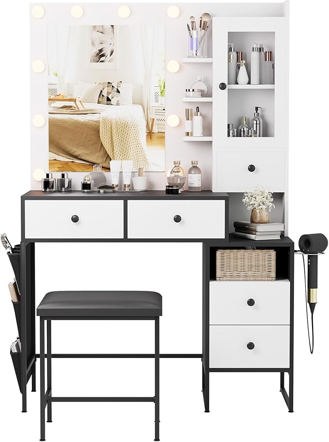 YIKEHOME Makeup Vanity Desk with Mirror and 10 Lights, 3-Colour Hollywood Brighter Bulbs, Vanity Table Set with Large Drawers and and Charging Station for Bedroom Dressing Room White Black
