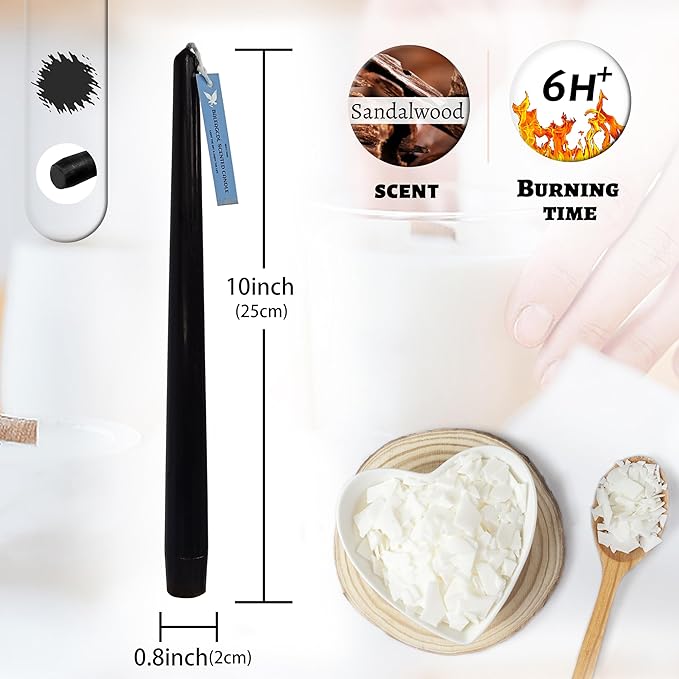 Smokeless Sandalwood Scented Black Taper Candles Dripless Long Lasting Burn 10 Inch Tall Candlesticks for Home Décor Holiday Gift Romantic Evenings