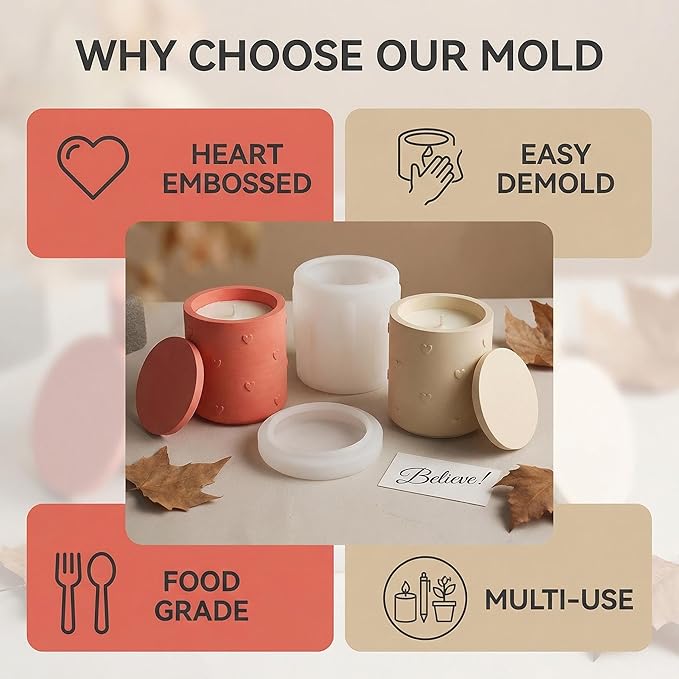 3D Heart Emboss Lidded Cylinder Silicone Mold, Candle Holder Storage Jar Mold for DIY Candle, Plaster Ornament, Romantic Home Decor & Craft Making