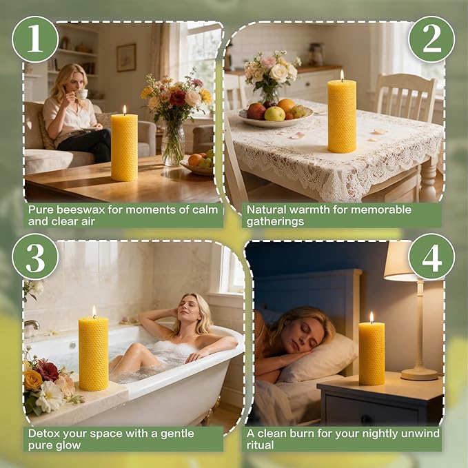 Hand-roll Large Beeswax Pillar Candles, 2pcs 2.8x8 Inch Natural Honeycomb Beeswax Candles, 100-Hour Slow Burn, Dripless & Air Purifying for Extended Serenity, Decor & Gifts (2 Pack)