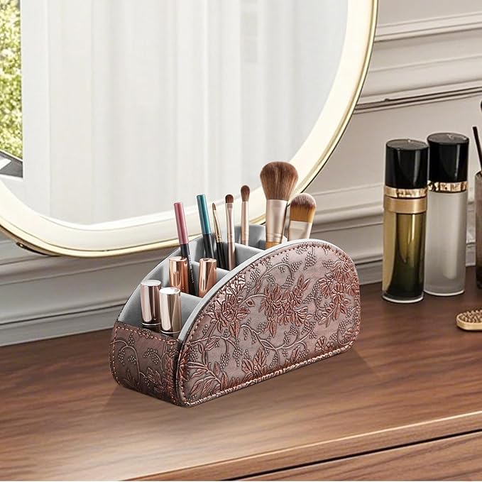 TV Remote Control Holder with 5 Compartments,Pu Leather Remote Caddy/Box/Tray Nightstand Desktop Storage Organizer Store DVD,Blu-Ray,Media Player,Heater Controllers, Makeup Office Supplies