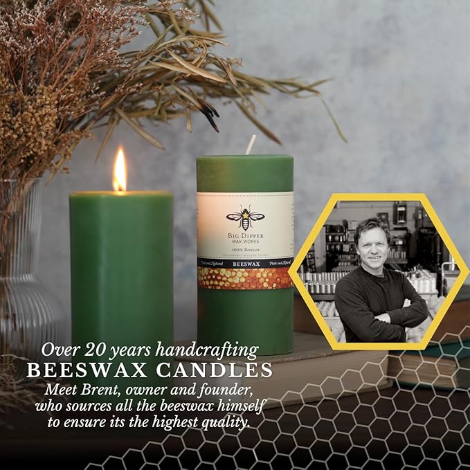 Big Dipper Wax Works Moss Green Pillar Candle, 90-Hour Long Burn, Pure Beeswax Candle, 3" x 6”