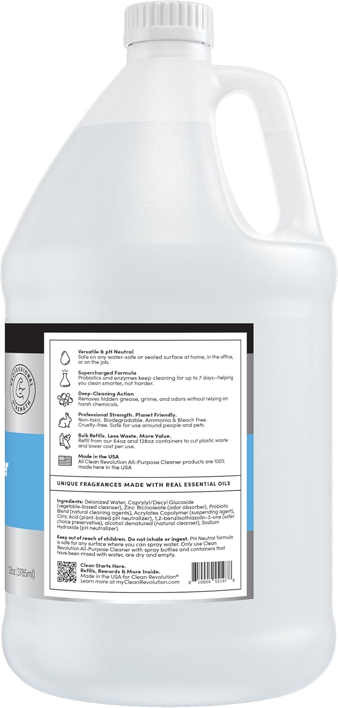 Clean Revolution SuperCharged All Purpose Cleaner Refill with Smart Probiotic + Enzyme Complex, Multi-Surface Kitchen Bathroom & Floor Cleaner, Fragrance Free, 128 Fl Oz (Pack of 1)
