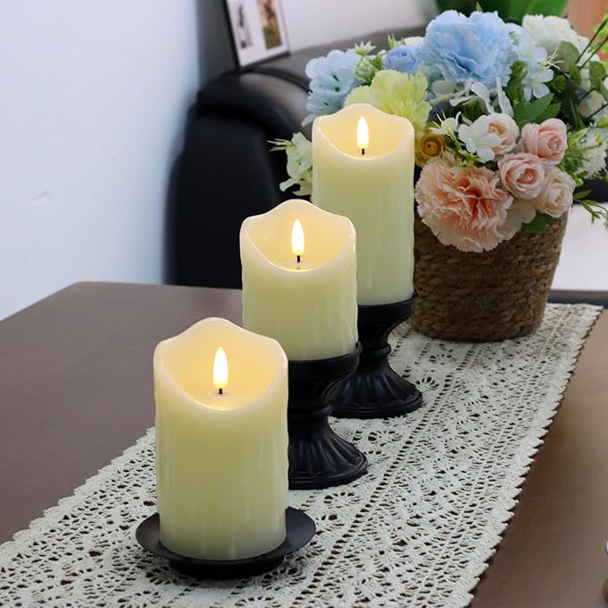 Rechargeable Flameless Candles, Flickering LED Candles with Remote and Timer, Long Lasting Ivory Real Wax Electric Pillar Candle for Christmas Home Wedding Decorations, Set of 3
