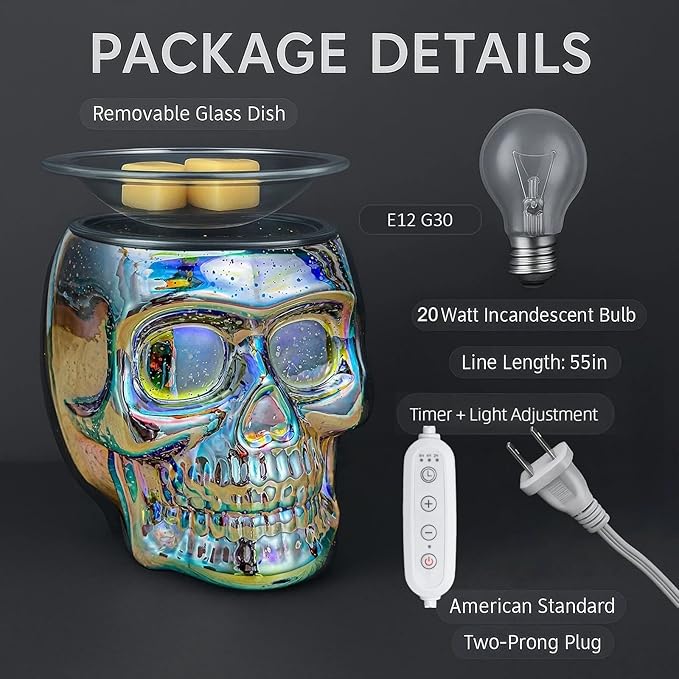 Wax Melt Warmer with Timer, Wax Warmer for Scented Wax with Light Bulb, Electric Skull Wax Burner, Halloween Fragrance Wax Melter for Home and Gifts (Rainbow Skull with Timer)