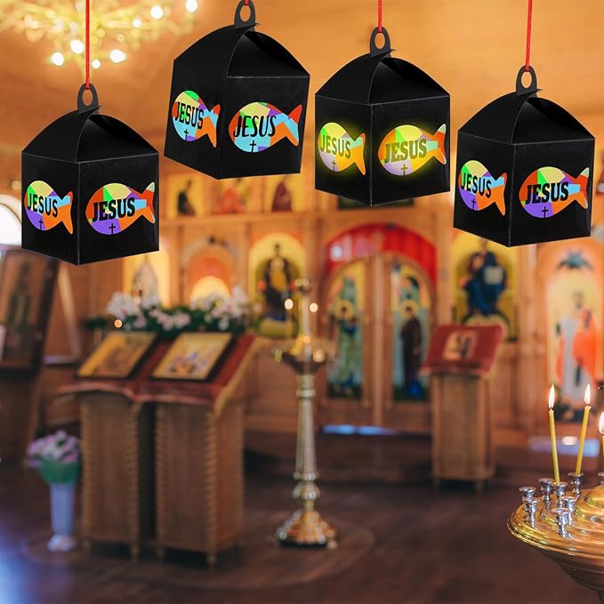 Simgoing 12 Sets Religious Fish Crafts with LED Candle Light Sunday School Crafts DIY Faith Jesus Fish Tissue Paper Kits Religious Hanging Ornament for Church VBS Classroom Activities