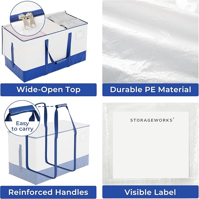 StorageWorks 6 Pack Extra Large Lidded Storage Bins, Moving Bags with Lid, Heavy Duty Storage Packing Tote for Clothes, Collapsible Moving Supplies with Reinforced Handles, White and Blue