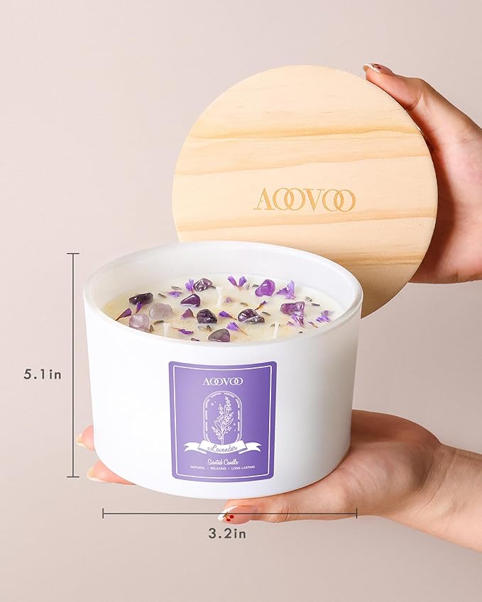AOOVOO Lavender Scented Candles for Women - 20oz 3 Wick Soy Candles for Home Scented, Aromatherapy Candle with Crystals Inside, Birthday Gifts Valentines Day Candle for Women Mom