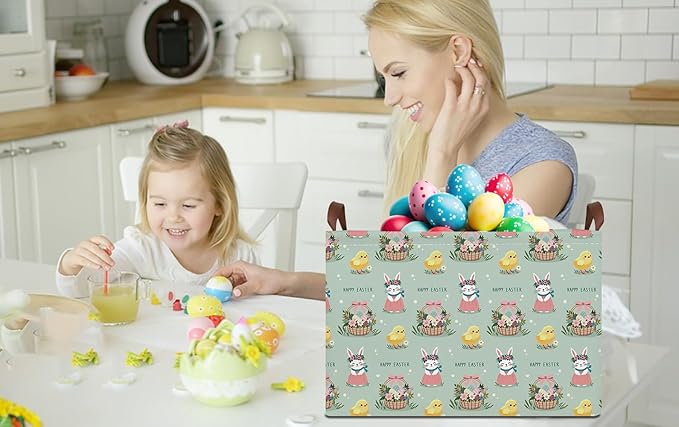 Rectangle Green Easter Basket Empty,Easter Gift Bakset for Egg Hunting,Books Bin with Handles,Room Decor(Pale Green Easter Basket)