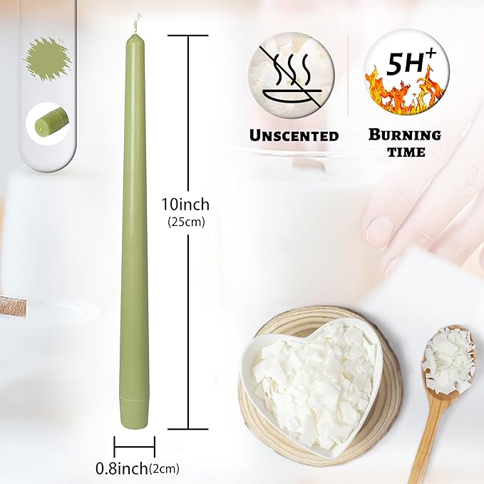 Smokeless Unscented Grass Green Taper Candlesticks Long Lasting Burn 10 Inch Elegant Aromatherapy Candles for Home Décor Holiday Gift Sets