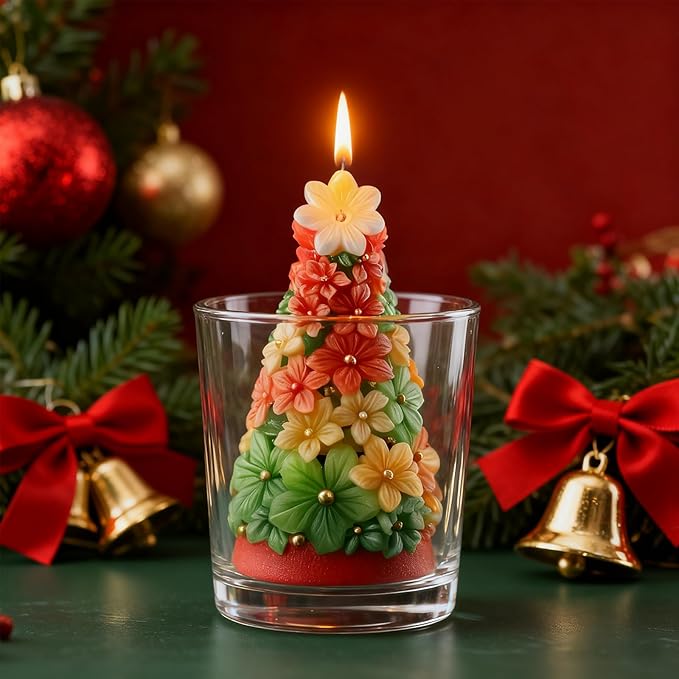 3D Christmas Tree Silicone Candle Soap Epoxy Resin Wax Mold Silicone Shapes Christmas Trees Mold for Candle Resin Soap Craft Cake Chocolate Making Kit Christmas Gift (Flower Christmas Tree)