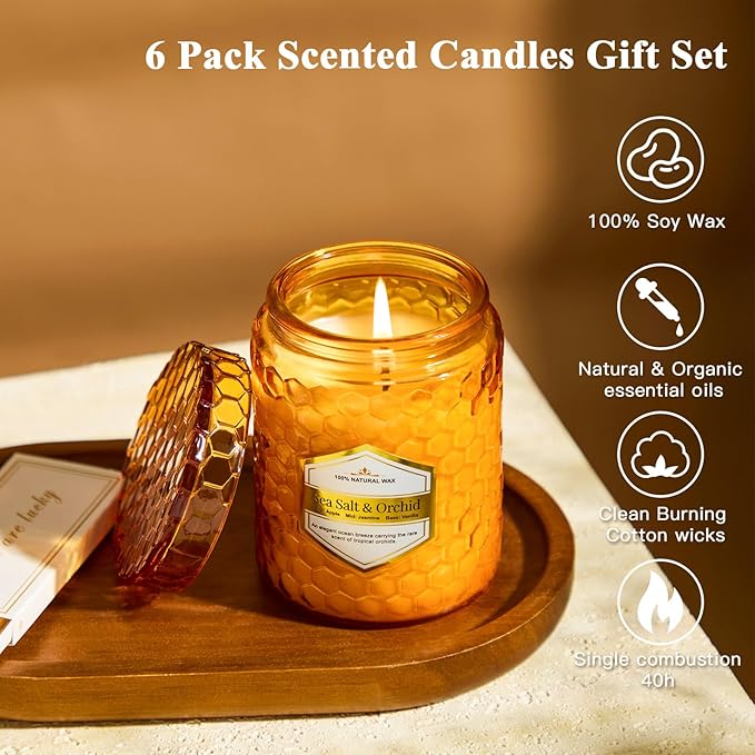 6 Pack Natural Soy Wax Jar Candles for Home, Scented Aromatherapy Gift Set for Women, 33 oz 240 Hour Long Lasting, for Birthday, Valentine's Day, Amber