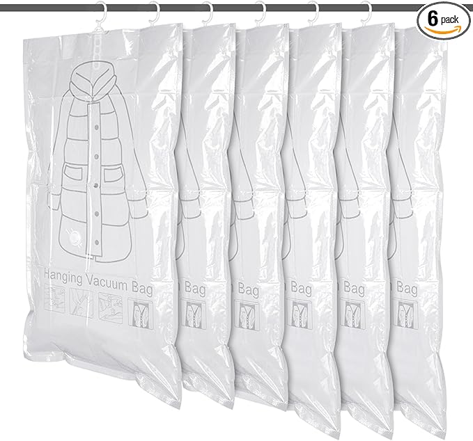 6 Pack Hanging Vacuum Storage Bag, 2 Sizes: 51.2 x 27.6 inch & 43.3 x 27.6 inch Hanging Vacuum Sealer Storage Space Saver Bags, Reusable Space Saver Bags, for Suits, Dress, Jackets, Clear