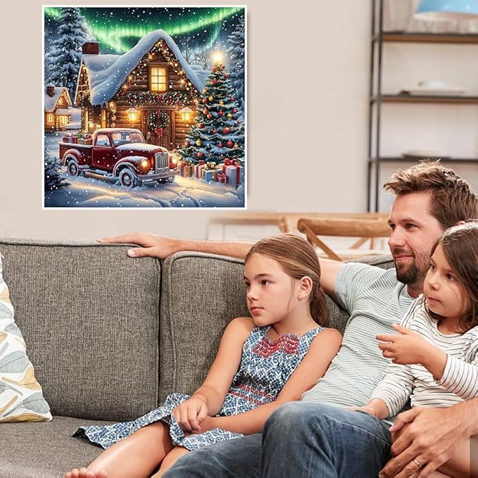 VIGEGU Christmas Paint by Numbers Kit for Adults with Framed,Winter Truck Christmas Tree House Aurora Landscape Paint by Number DIY Adult Paint by Number Kits for Wall Decor 12x12in