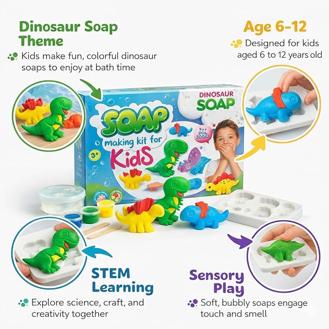 ZenseMe Soap Making Kit for Kids – DIY Soap Making Kit with Dinosaur Soap Moulds (3 Cute Dinosaurs) | Soap Making Supplies for Creative Play & Hygiene - DIY Kits for Kids with Mobile App