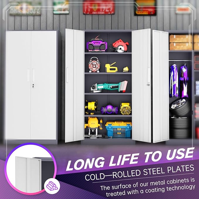 Superday Metal Storage Cabinets, 71" Storage Cabinet with Locking Door, Tall Garage Cabinet with 2 Doors and 4 Adjustable Shelves for Home Office, Classroom, Easy Assemble(White Grey)