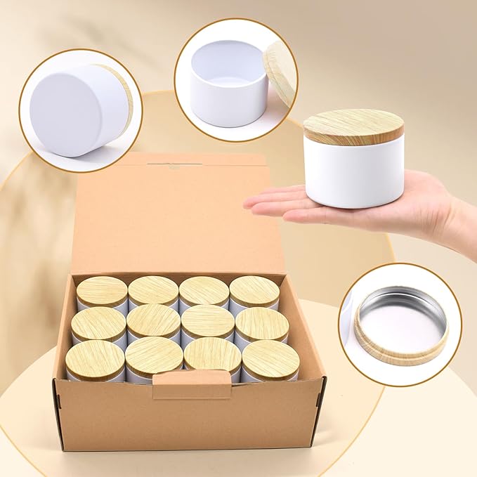 12-Pack Candle Jars, 8oz Candle Tins with Metal Wood-Grain Printing Lids, Empty Metal Candle Jars for Making Candles Bulk Candle Containers -White