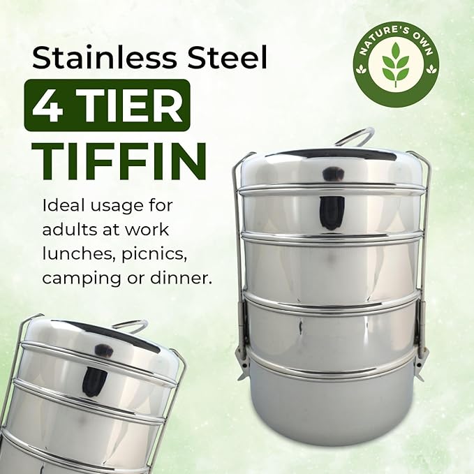 Nature's Own Indian Stainless Steel Tiffin Lunch Box, 4-Tier Snack Box/Food Container Airtight Leak Proof, 4 Compartment, Suitable for Office Use, Outdoor Lunches/Dining, Size 8x4 Inch