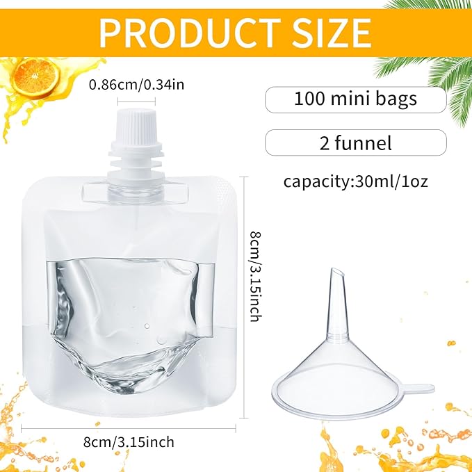 100 Pcs Plastic Pouches Bulk Clear Juice Bags Squeeze Pouches Plastic Leak Proof Bags with Funnel for Party Favors (1 oz)