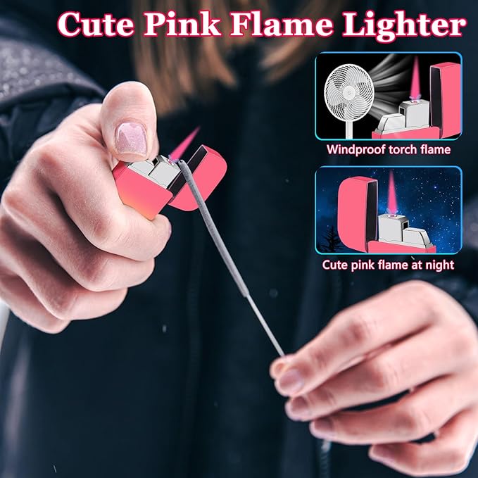 2 Pack Pink Flame Torch Lighter, Cute Lighter, Refillable Butane Lighter,Windproof Torch Lighter for Outdoor Camping BBQ,Nice Gift for Girls,Women on Birthday,Anniversary Orange Pink Without Butane