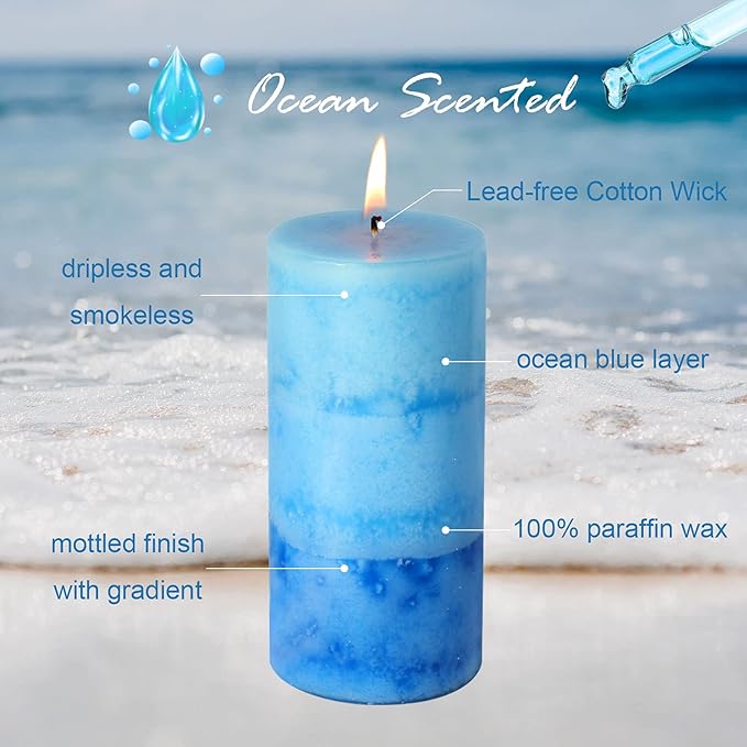 Pillar Candles Ocean Scented, Immeiscent Aromatherapy Candles, 60+ Hours Burn Long Lasting, Blue Mottled Layered Candles for Home Scented, SPA, Restaurant, Set of 3