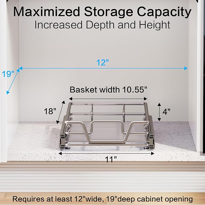 2-Tier Kitchen Cabinet Pull Out Shelf and Drawer Organizer Slide Out Pantry Storaqe Basket in Multiple Sizes (11" W x 18" D,1 Tier)