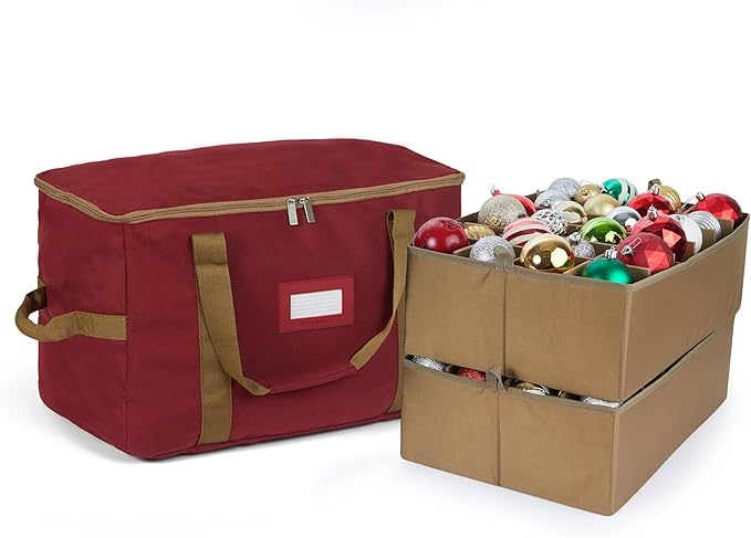 Covermates Keepsakes Adjustable Ornament Storage Bag – Heavy-Duty Polyester, Padded Dividers & FlexGrid Trays – Protective Holiday Ornament Organizer with Handles & Label Window, Red