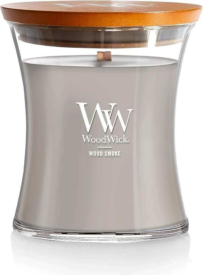 WoodWick Wood Smoke Hourglass Candle 9.7 oz. Medium Fall Candle with Crackling Wick for Smooth Burn Aromatherapy Soy Wax Blend