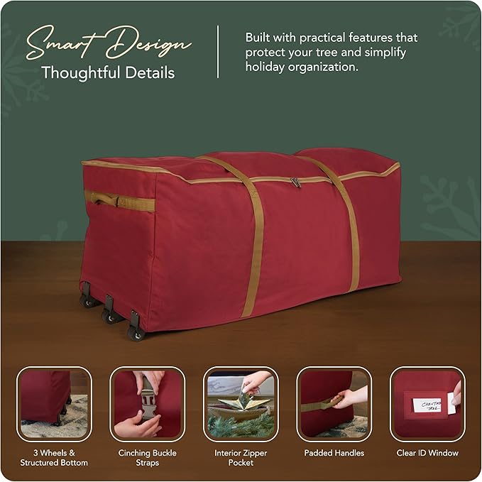 Covermates Keepsakes Christmas Tree Rolling Cinch Bag – Heavy-Duty Polyester Holiday Storage with Wheels, Reinforced Handles & Cinch Straps – Durable Christmas Tree Storage Solution, Red