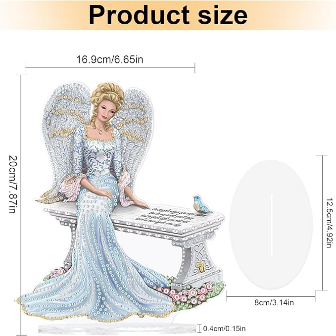 antor DIY Diamond Art Painting Desktop Ornament Kit, Acrylic Tabletop Diamond Art Decoration, Special Shape Crystal Diamond Painting Ornaments for Adult Beginner, Angel Figurine Sitting on Bench