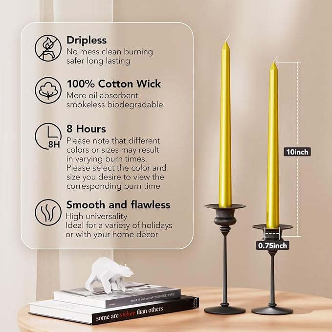10-Inch Tall Dripless Taper Candles Set of 4 - Gold Tapered Candles, Perfect for Wedding,Christmas - Smokeless, Unscented, Long Burning - Hand Poured, Colored Tall Candlesticks - doradas