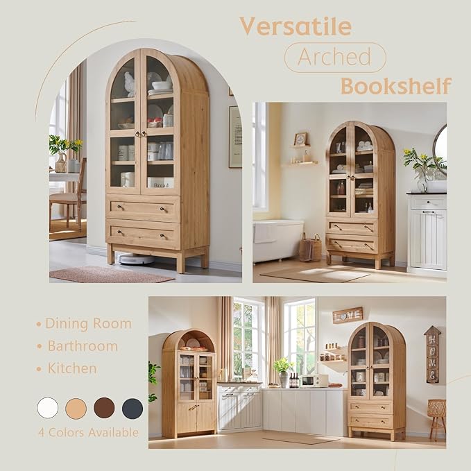 IFBUY 71" Tall Arched Bookshelf, 4-Tier Bookcase with Glass Doors and Shelves, Wooden Display Cabinet w/2 Large Storage Drawers, Modern Farmhouse Versatile Bookshelf for Living Room, Bedroom, Natrual