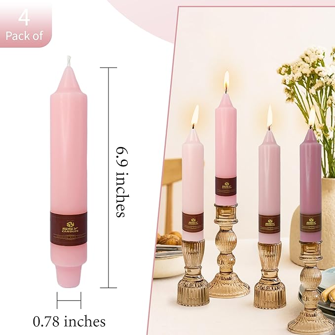 7 Inch Gradient Pink Taper Candle Set of 4 Unscented Candles Sticks Smokeless Short Tapered Candles for Home Party Wedding Decoration Valentine's Day Anniversary & All Special Occasions