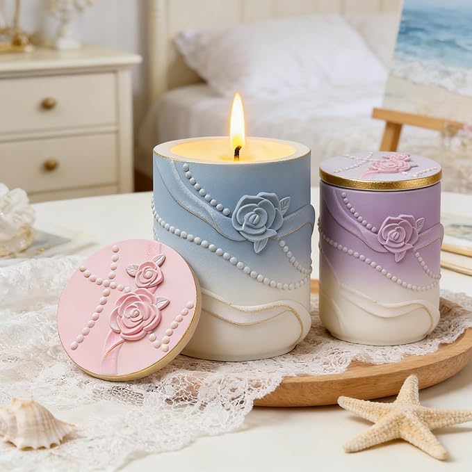1 Pc Pearl Ribbon Rose Resin Jar Mold with Lid Delicate Cylindrical Flower Pot Candle Mold for Plaster Cement Concrete Epoxy DIY Home Decoration Jewelry Storage Box Candlestick Candy Jar